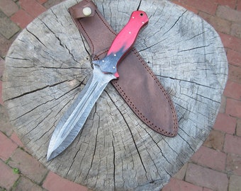 Damascus Steel Dagger 12" with Red and Gray Dymondwood Handle