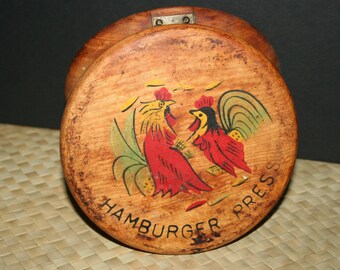 Vintage Wooden Hamburger Press, Grilling Accessory, Hamburger Patty Press, Farmhouse Kitchen Decor , Rooster Pattern