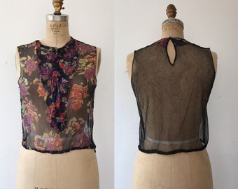 Floral on Navy Silk blouse / 1940s silk blouse / vintage silk blouse