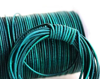 1mm Round Natural Leather cord - Vintage Dark Turquoise Green - 10 feet, LC100