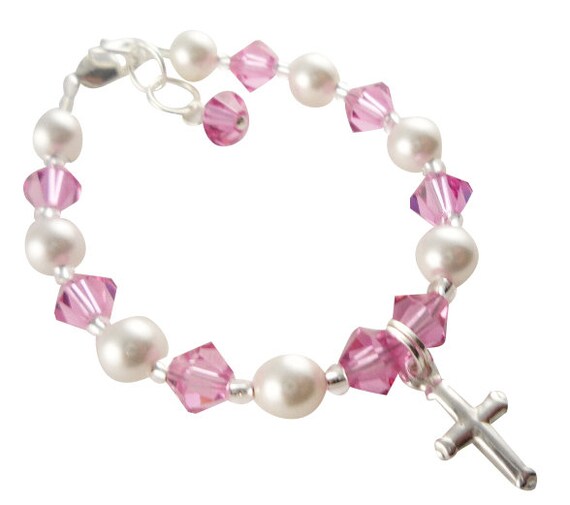 Pink rose crystal Christening Bracelet with cross charm