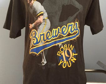 90s Vintage Milwaukee Brewers #19 Robin Yount 1990 mlb baseball T-Shirt - LARGE