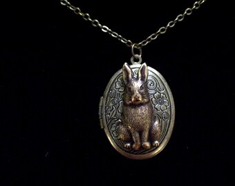 Rabbit Locket, Bunny Locket, Floral Locket, Brass Bunny Locket, Easter Rabbit, Oval Brass Locket Pendant, Antiqued Brass Rabbit Necklace