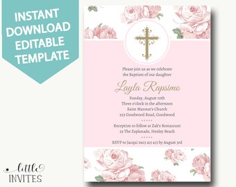 Baptism invitation girl/baptism invitation instant download girl/baptism invitations girl/pink gold/Editable template/Instant download-Layla