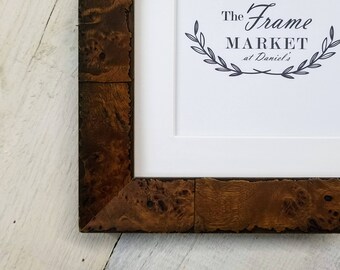 Logan Burl Wood Picture Frame with White Mat 8x10, 9x12, 11x14, 14x16, 16x20 Standard and custom sizes available.
