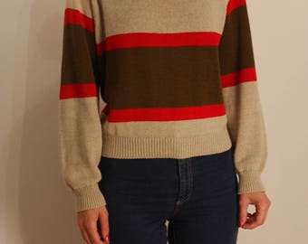 1980s Oatmeal Striped Boatneck Sweater S M