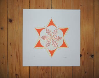 Star Mandala - Orange and yellow screen print