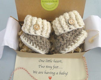 Grandparent Pregnancy Announcement, BOOTIES IN A BOX® Pregnancy Reveal Booties, Newborn Baby Booties, Custom Message, Ready To Ship