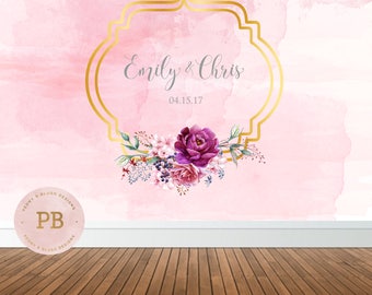 Digital Wedding Backdrop, Pink and Gold Wedding, Floral Backdrop, Watercolor, Bridal Shower Backdrop, Sweet Table Backdrop, Buffet Table
