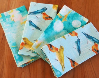 Bird Napkins in Aqua, Blue Mix and Match Napkins with Birds and Abstract Art, Laura Gunn Flutter Birdies, Vignette Reflecting Pool