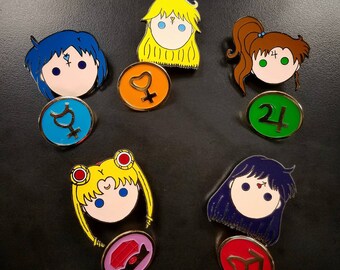 Sailor Scout Enamel Pins - Kawaii - Mercury, Venus, Moon, Mars & Jupiter