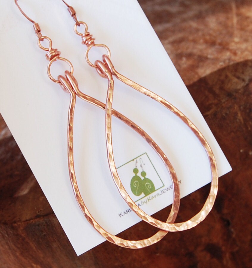 Copper Drop Earrings. Large. Hammered