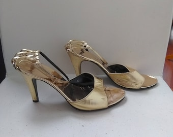 Gold Strappy Heels - Evening Sandals - Size 7