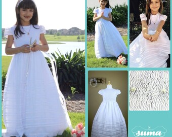 First Communion Dresses Long Cotton Fabric, Smocked First Communion Dress with petticoat included, add Head Piece and Veil