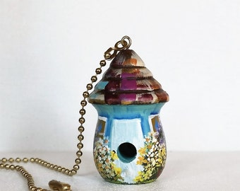 Light / Fan Pull , Turquoise and White Birdhouse with Lots of Flowers