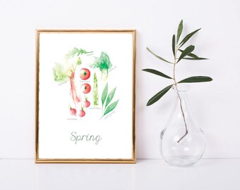 Art print fruits and vegetables SPRING, kitchen print, print seasonal cooking, watercolour