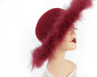 Feather vintage hat, maroon tilt with ostrich feather trim
