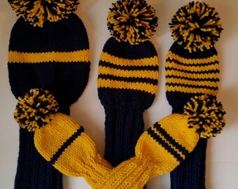 Set 5 Golf Club Head Covers, CUSTOM KNIT, any color, Retro Hand Knit, pom poms for Driver putter, iron, hybrid, woods, fairway golf clubs