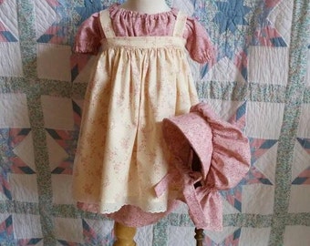 Rose and Cream floral Girl's/ Toddler Dress, Pinafore and Bonnet Set - 2T