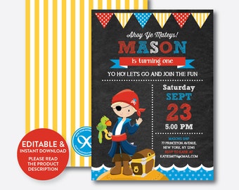 Instant Download, Editable Pirate Birthday Invitation, Pirate Invitation, Pirate Party Invitation, Pirate Boy Invitation,Chalkboard(CKB.47D)