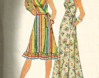 Vintage 70s Simplicity 7484 Misses Front Wrap Halter Maxi or Knee Length Dress Sewing Pattern Size Small Bust 31.5-32.5