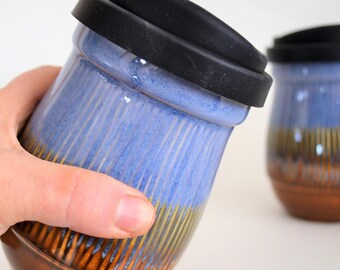 In Stock, Coffee Lover Gift, Ceramic Travel Mug with Silicone Lid, Small Stoneware To Go Coffee Mug, 16 oz Blue Brown Eco Mug, Commuter Mug