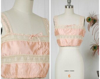 Vintage 1910s Camisole - Fine Lace and Pink Silk Camisole or Corset Cove with Ribbon