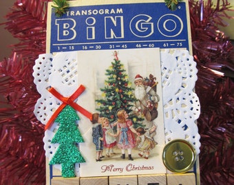 Vintage Christmas Santa Altered Bingo Card Holiday Decoration Ornament Accent Door Hanger Retro