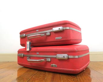 Pair of American Tourister Suitcases // Vintage Red Hard Shell Matching Luggage Set Mid Century Modern Storage Cases Bold Color Large