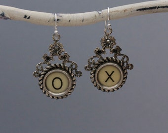 Typewriter Key Jewelry-Typewriter Key Earrings - Vintage White Letters "X O"-Typewriter Key Accessories-Dangle Typewriter Key Earrings