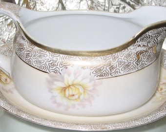 R S Germany Gravy Boat with Saucer in White Chrysanthemum Floral Motif with Gilt Work Antique