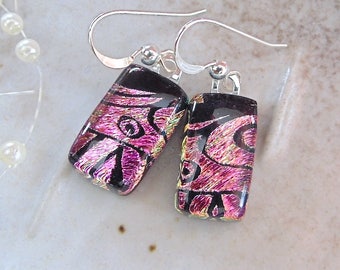 Pink Earrings, Black, Petite, Dichroic Glass Earrings, Glass Jewelry, Dangle, Sterling Silver, A7