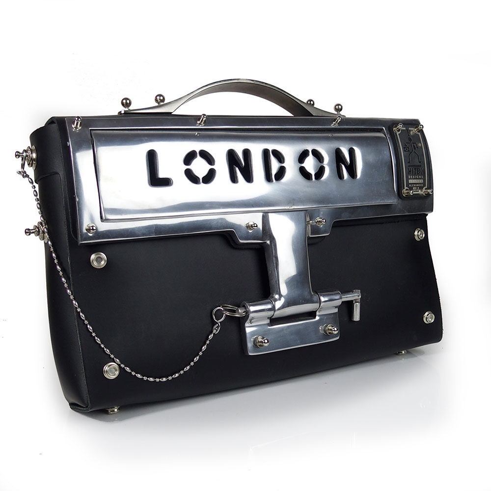 black leather shoulder bag heavy industrial aluminium