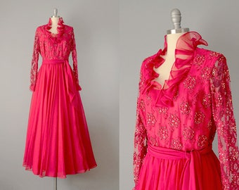 60s Dress // 1960’s Jack Bryan Raspberry Lace and Chiffon Sequined Dress // Medium
