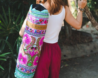 Handmade Yoga Mat Bag Tribal Hmong Embroidered Fair Trade Thailand, Women Yoga Mat Bag, Yoga Bag for Yoga Lover, Fair Trade Bag - BG316BLUH