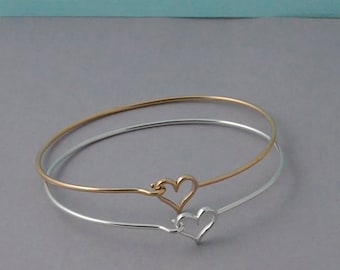 Sterling Silver or Gold Heart Bangle Bracelet / Layering bracelet / gold Heart bangle