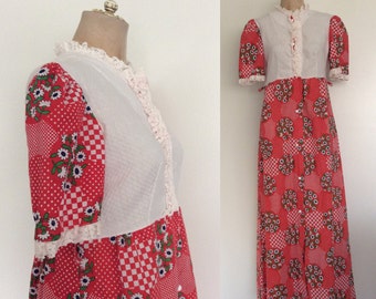 1970's Red Floral Print Maxi Dress Size Small Medium by Maeberry Vintage