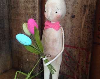 Easter, Bunny, White, Easter Egg Bouquet, Spring, Folk Art, Paperclay