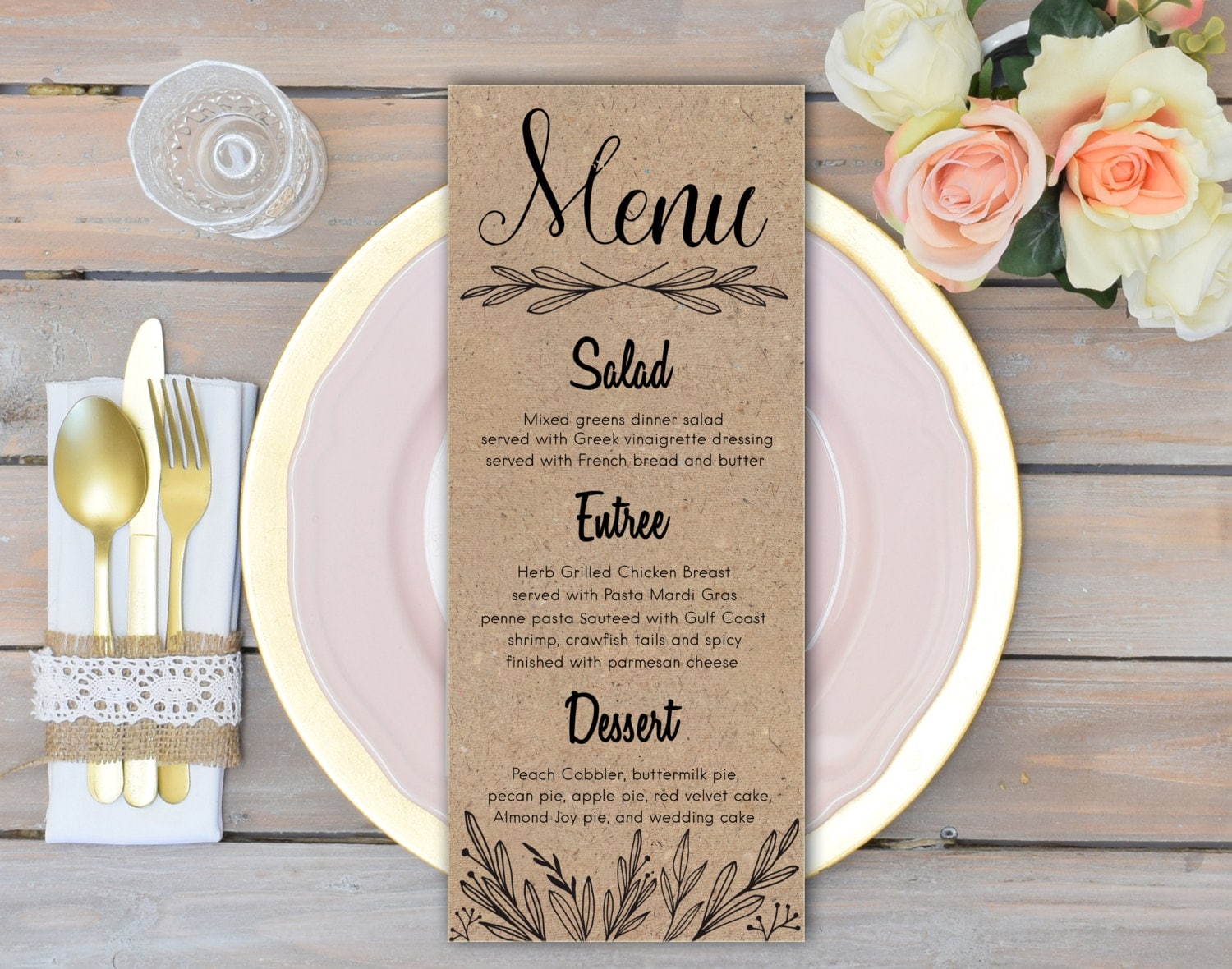 Rustic Wedding Menu Cards Rehearsal Dinner Menu Rustic Wedding