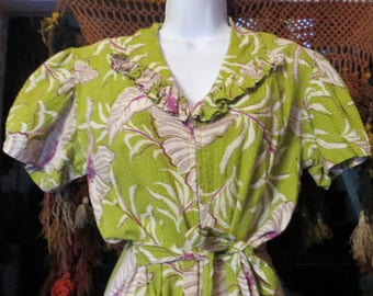 Fab 40s Ruffled Chartreuse and Purple Floral Print Dressing Gown/Robe/Dress