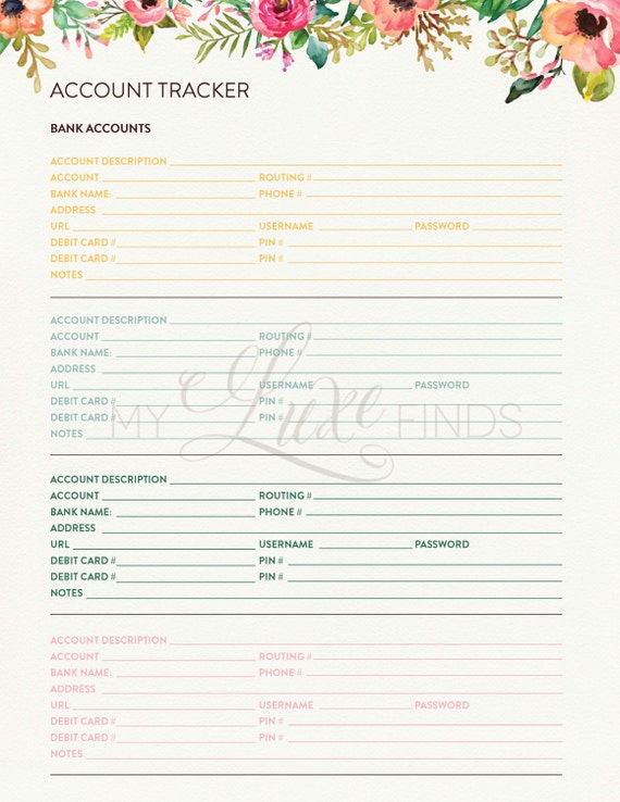 floral bank account and credit card tracker home management credit card tracker
