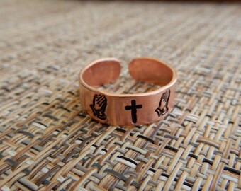 Praying Hands and Cross Copper Ring