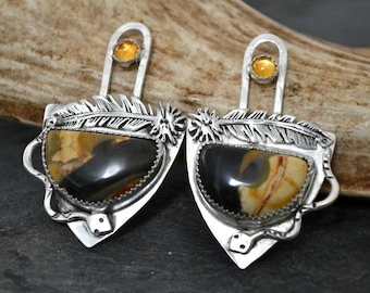 Peanutwood and citrine artisan earrings. "sneaky snake"