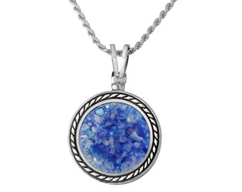 Blue Roman Glass Sterling Silver Pendant Braded Round Wire Handmade Necklace