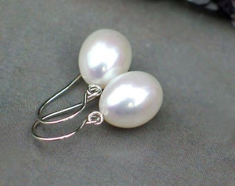 14k White Gold Pearl Earrings | Large White Freshwater Oval Drop Pearls | June Birthstone | Wedding Gift | Classic Pearl | Ready to Ship