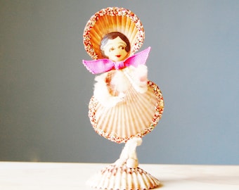 Vintage Shell Lady Figurine Chenille Arms and Legs 1960s Girl Hand Painted Face