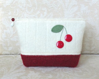 Red Cherries Zip Pouch, Eco Friendly Upcycled Sweater Wool Clutch
