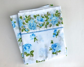 Vintage Blue Floral Full/Double Flat Sheet by Texmade Lace Trim Cotton Polyester Made in Montreal, Canada 70s 80s Retro Bedding