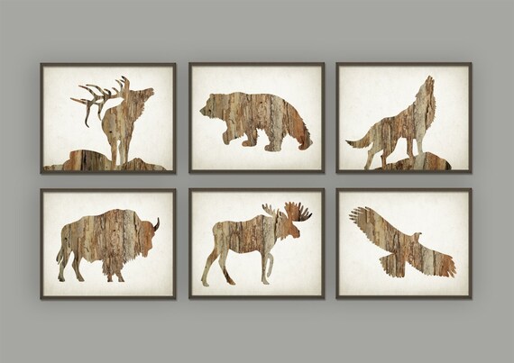 Hunting Wall Art Print Set of 6 Deer Buffalo Bear Eagle Wolf