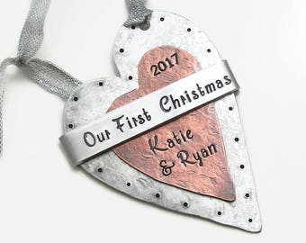 Personalized Couples Ornament, Our First Christmas Personalized Ornament, Hand Stamped Ornament Wedding Keepsake Ornament Christmas Ornament